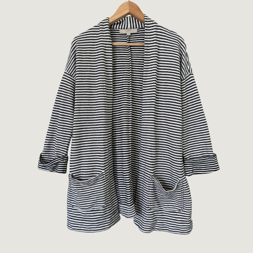 Loft Striped Open Front Cardigan Navy White Cotton Knit Sweater M Minimalist